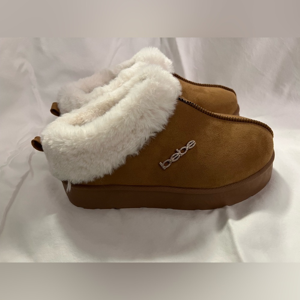 Bebe Tan slip on platform boot with White Faux Fur